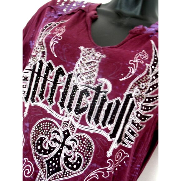 Affliction Women's T-Shirt Purple/Black/Silver, Beaded, Size Large, Defect - Picture 1 of 12